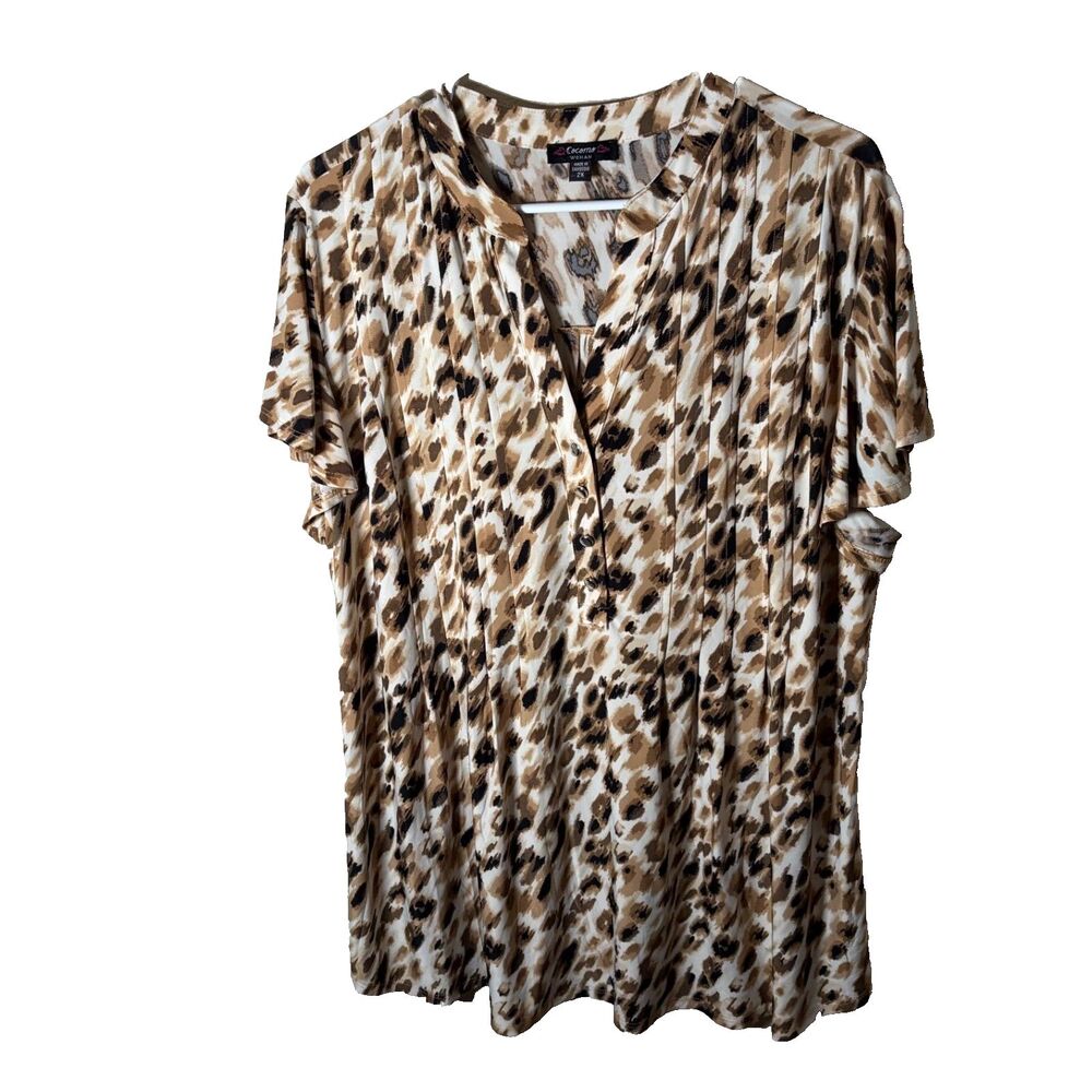 Cocomo Blouse Women's 2X Brown Popover Short Sleeve Printed Shirt Top